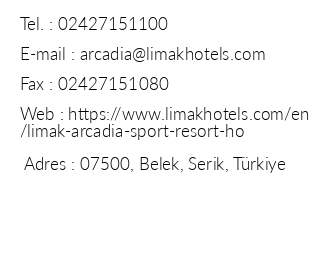 Limak Arcadia Sport Resort Hotel iletiim bilgileri